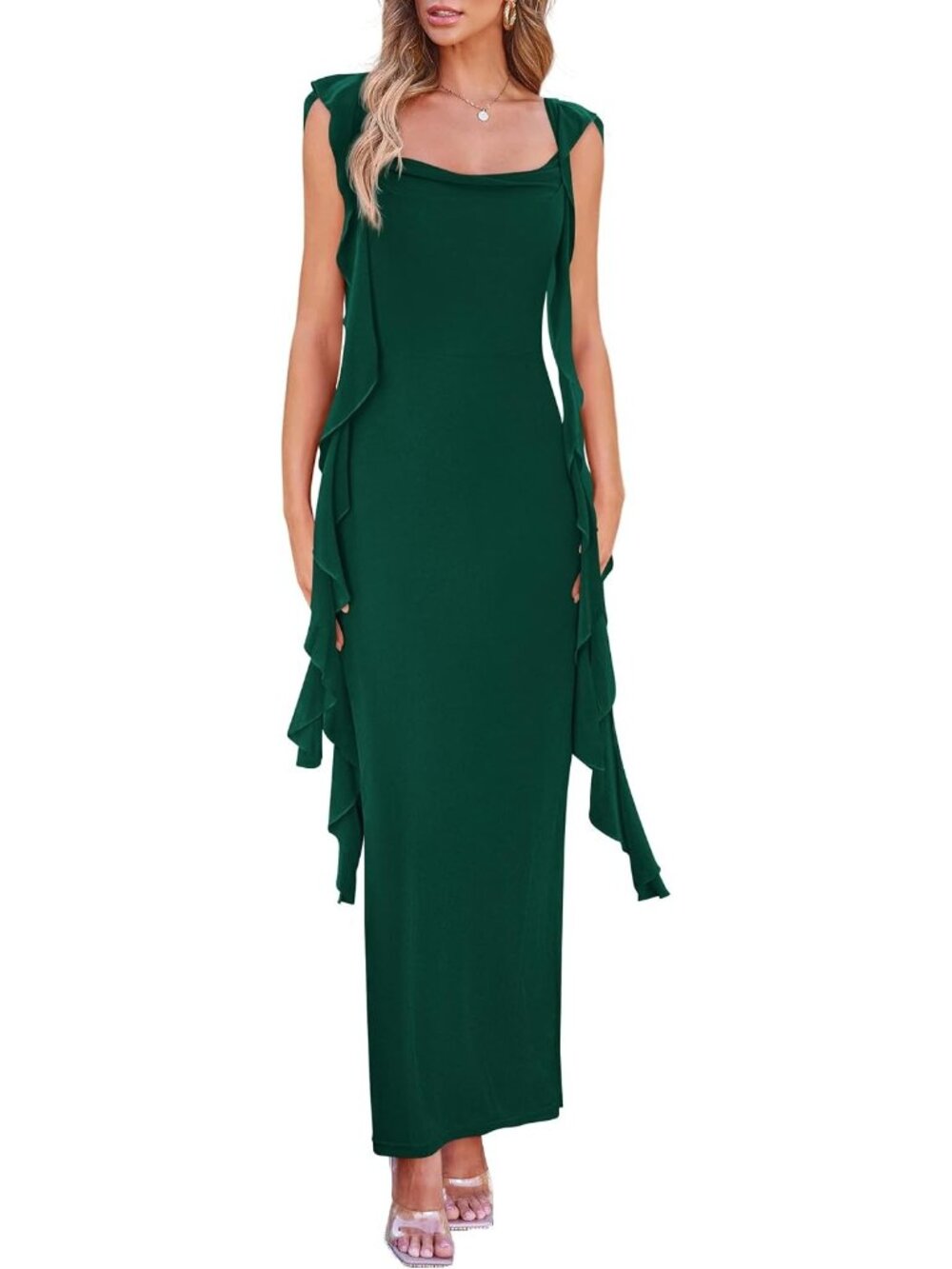 Women's Dark Green Ruffle Bodycon Soft Stretchy Slim Fit Wedding Maxi Dresses